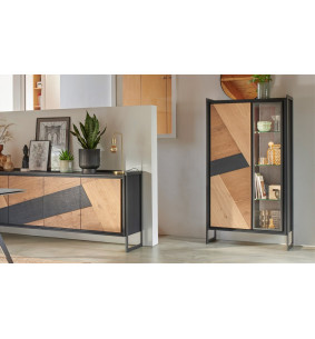 GRAFFIK - Vitrine 1 porte bois 1 porte verre avec éclairage 