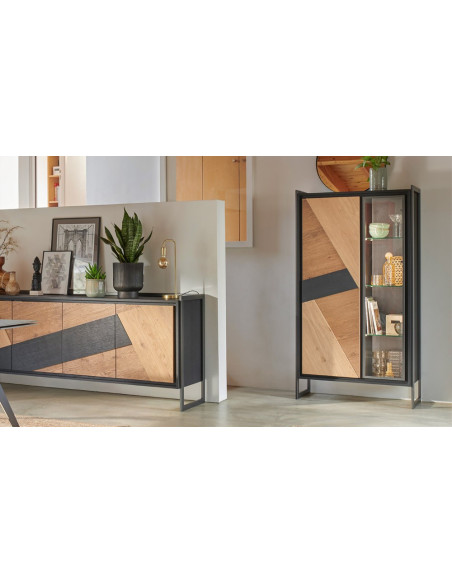 GRAFFIK - Vitrine 1 porte bois 1 porte verre avec éclairage 
