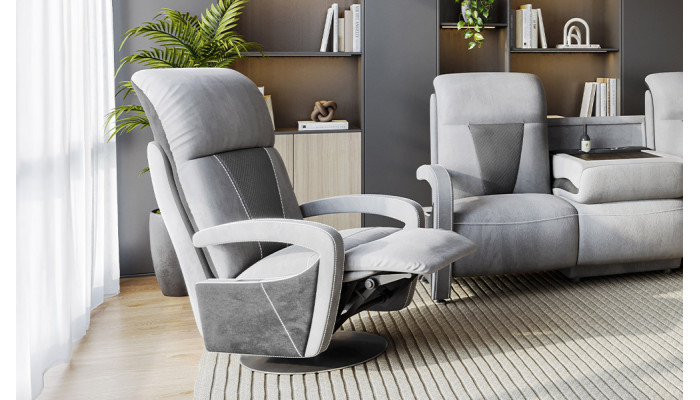 Relaxation - Fauteuil pivotant relaxation électrique 2 moteurs, pied bois 