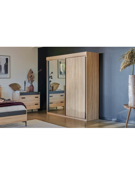 First  - Armoire 2 portes coulissantes, miroir et bois 